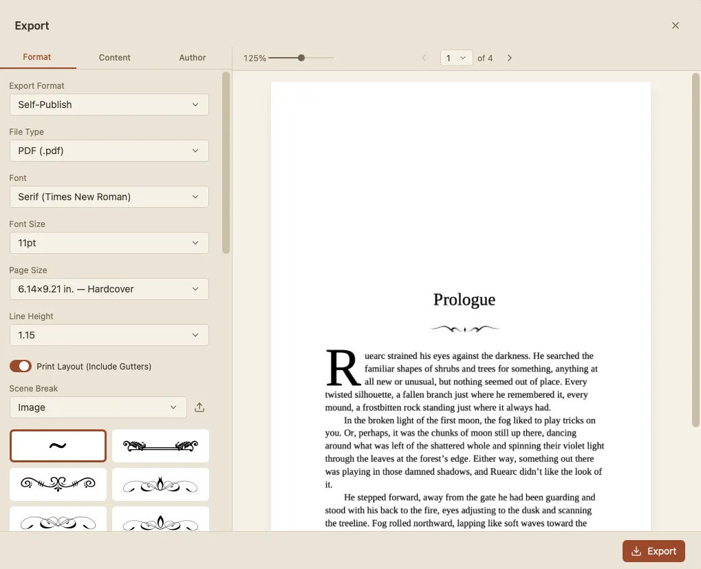 Book export dialog with live preview of a print-formatted page