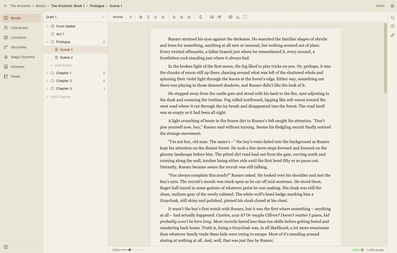 Main editor with chapter and scene tree