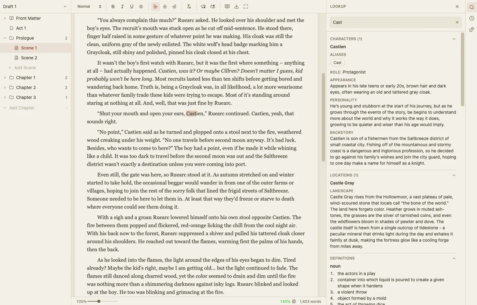 Vellerune editor with the quick-lookup side panel showing a character's details