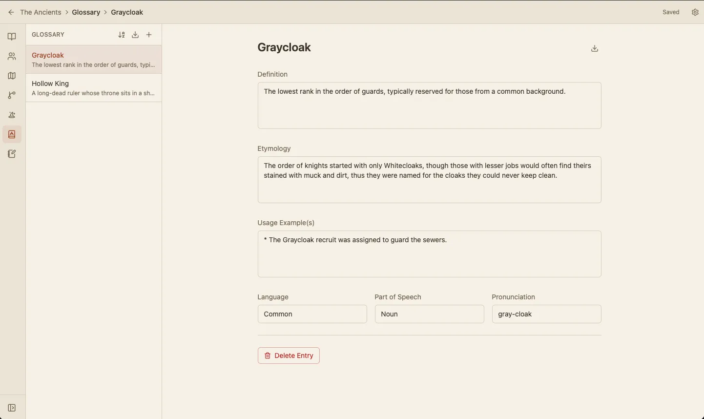 Glossary entry with dictionary-shaped fields