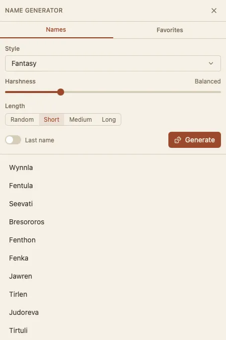 Name generator panel
