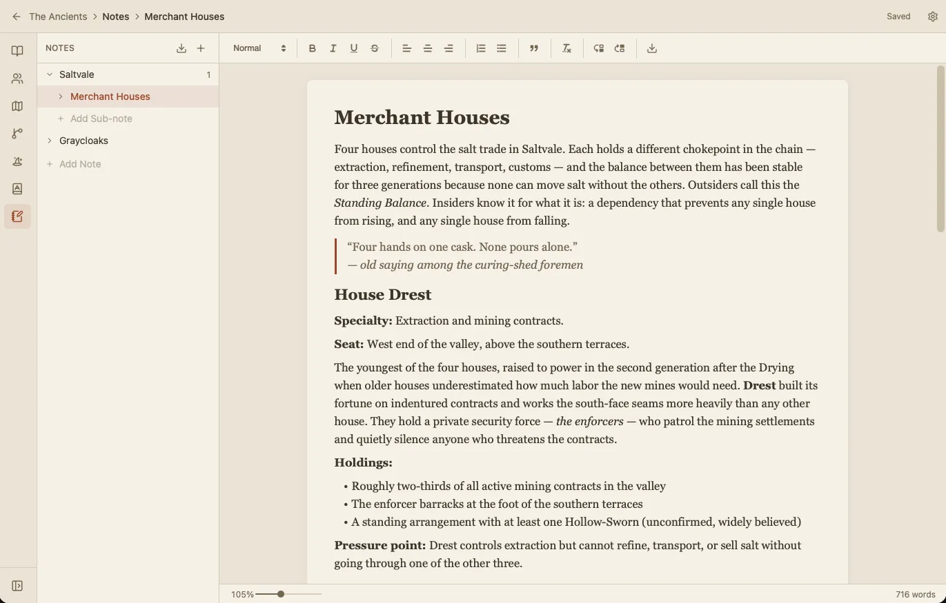 Notes view with hierarchical tree
