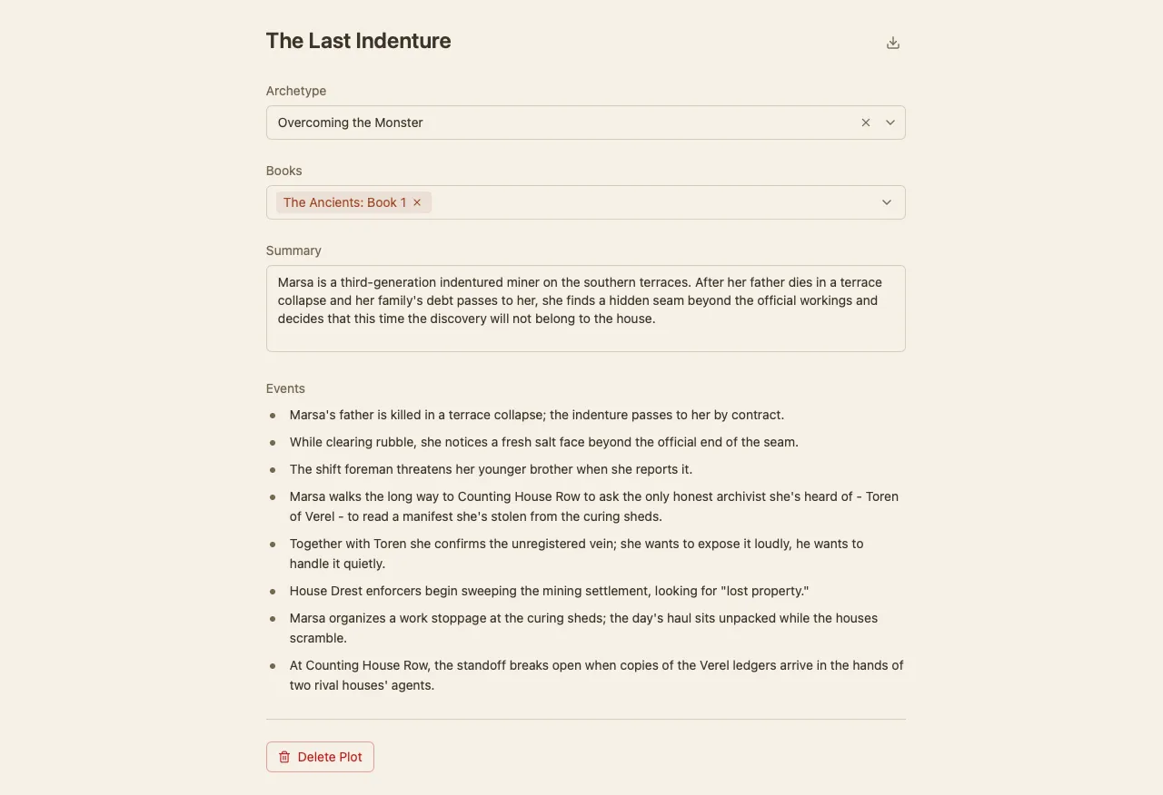 Plot detail view with archetype and ordered events