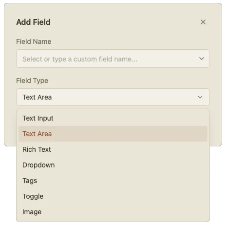 Add Field template dialog showing field type options.